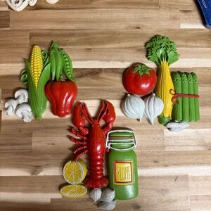 Vtg Lot of 3 HOMCO Colorful Wall Hanging Plastic Vegetable Lobster Decor
